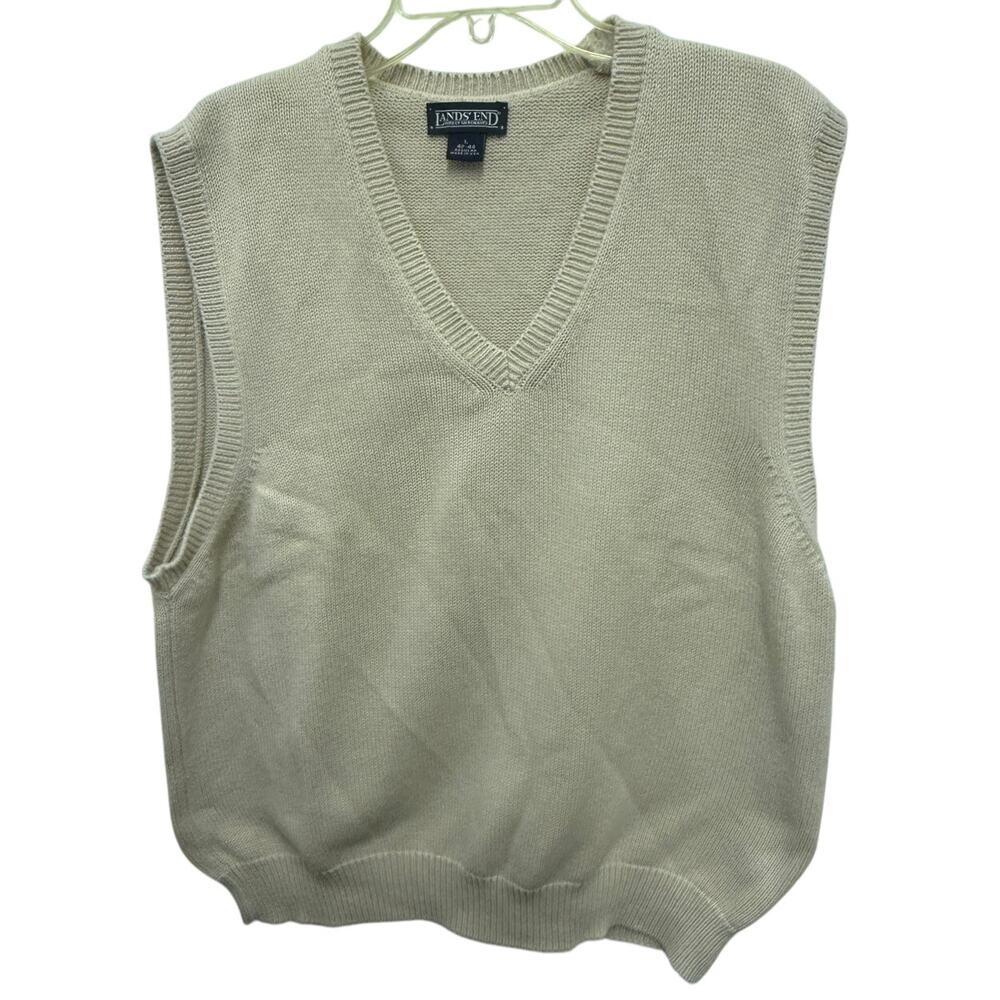 VTG Lands' End Mens L 42-44 V-neck tan Sweater Vest knit off white brown - Picture 1 of 3